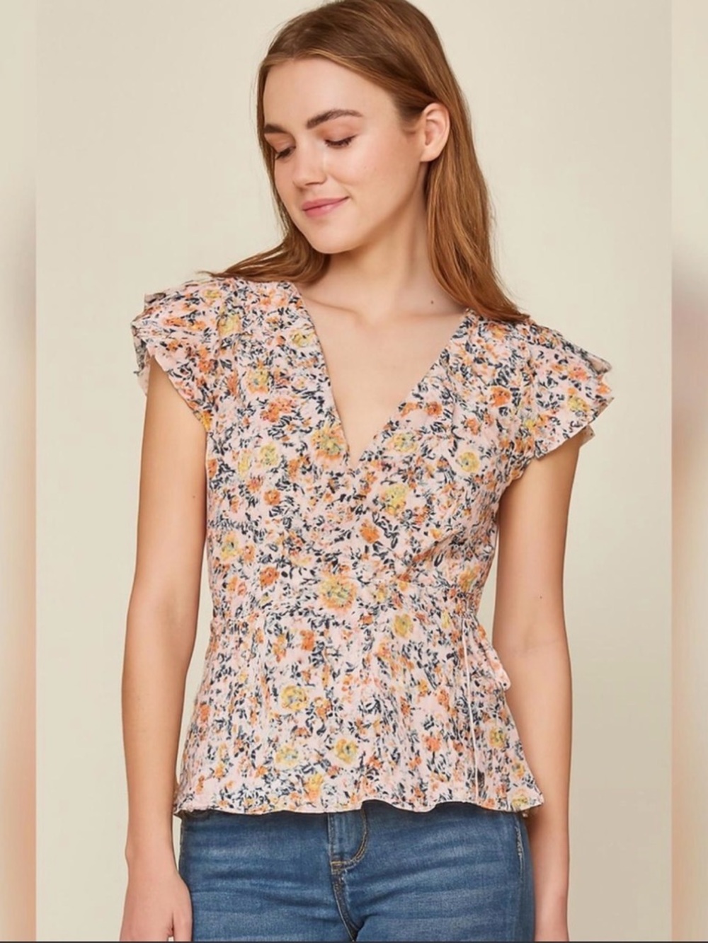 Monteau Pink Floral Peplum Top with Flutter Cap Sleeves